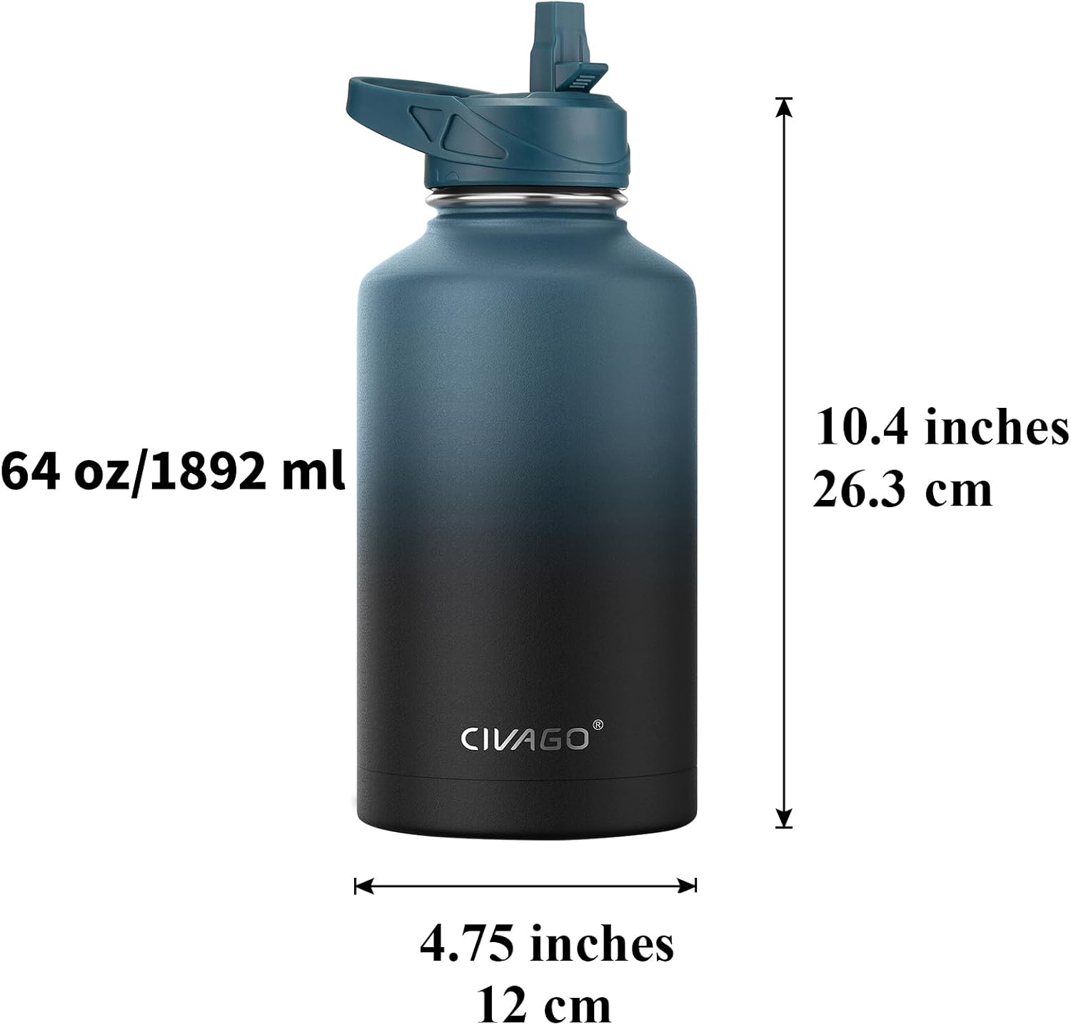 CIVAGO 64 oz Insulated Stainless Steel Water Bottle With Straw and 3 Lids