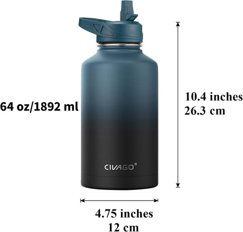 CIVAGO 64 oz Insulated Stainless Steel Water Bottle With Straw and 3 Lids