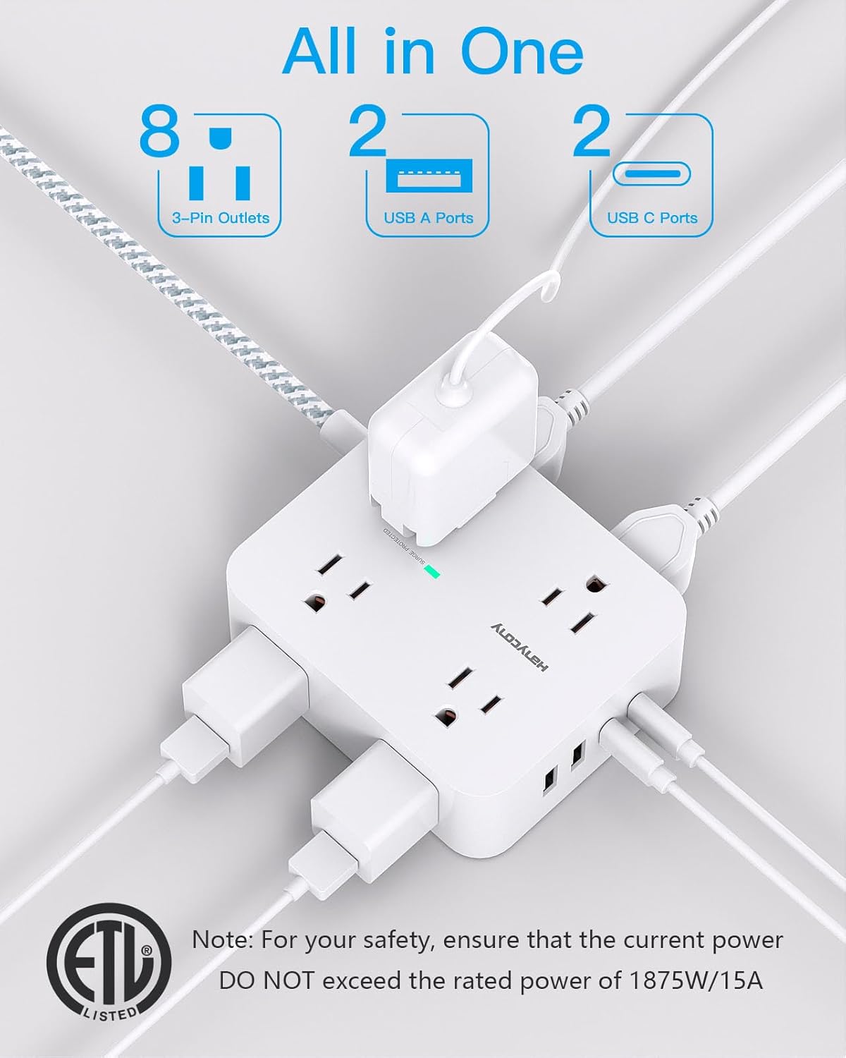 HANYCONY Surge Protector Power Strip, 1080J, 5 Ft Braided Extension Cord