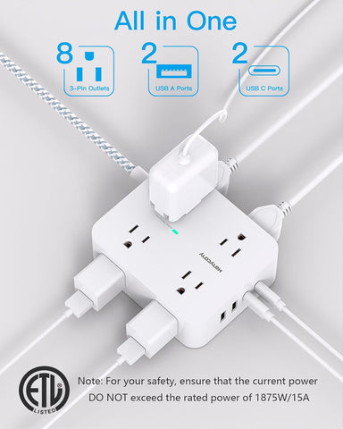 HANYCONY Surge Protector Power Strip, 1080J, 5 Ft Braided Extension Cord