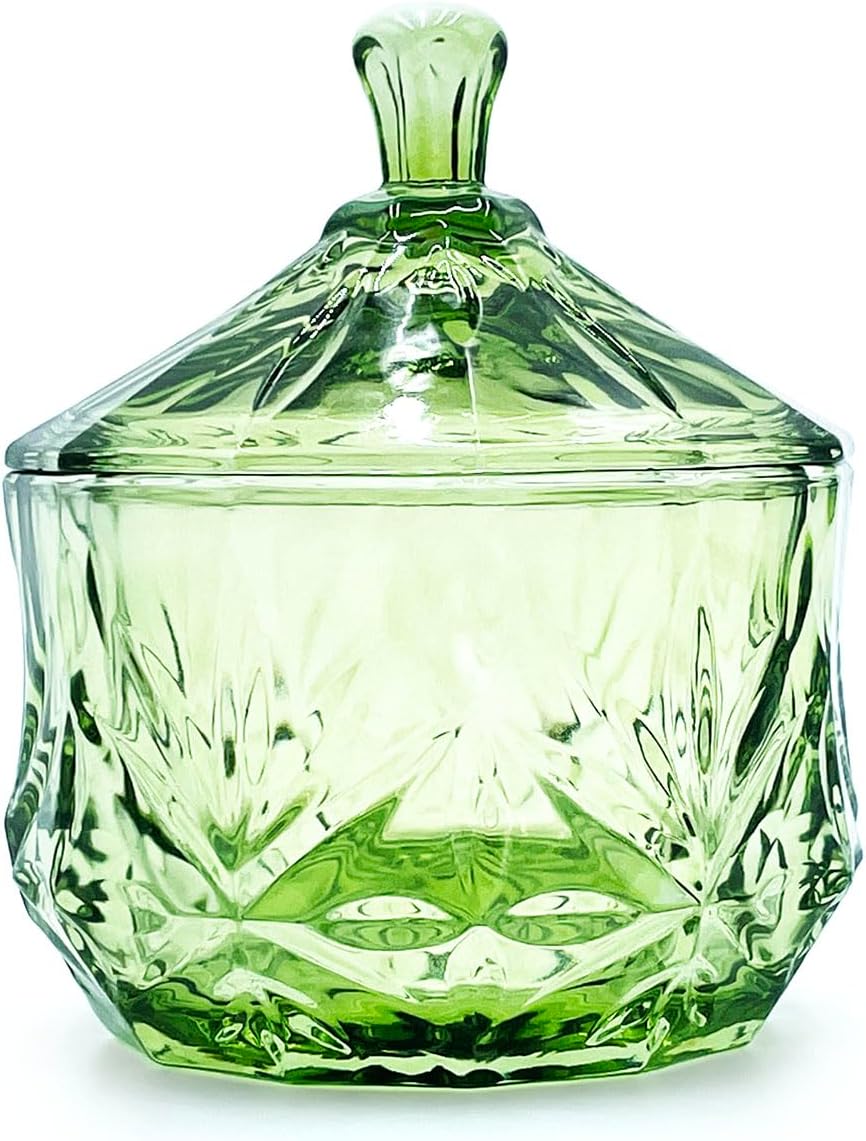 8oz Glass Candy Dish with Lid,Small Crystal Chrismas Candy Jar,Cotton Round Holder,Office,Bathroom,Dining Room Organizer(Olive Green)