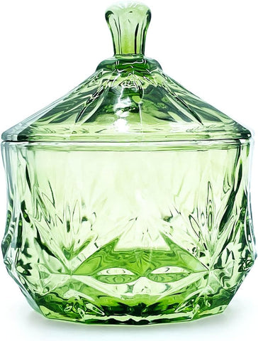 8oz Glass Candy Dish with Lid,Small Crystal Chrismas Candy Jar,Cotton Round Holder,Office,Bathroom,Dining Room Organizer(Olive Green)