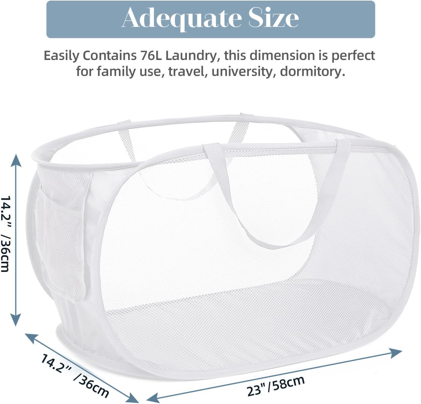 Strong Mesh Pop Up Laundry Basket, Collapsible Laundry Hamper with Side Pocket, Foldable Clothes Hamper with Durable Reinforced Handles for Laundry, Bathroom, Kids Room, Dorm or Travel 2 Pack White