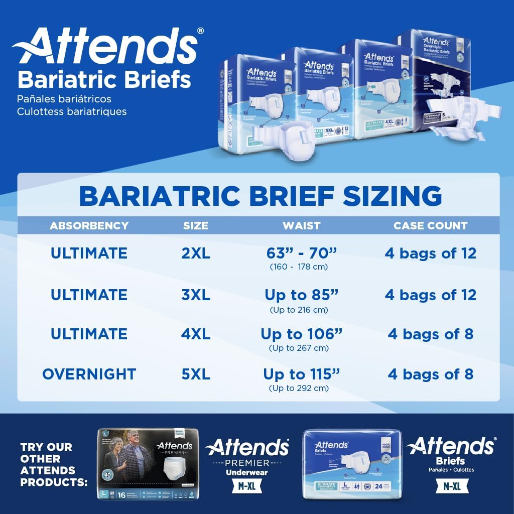 Attends Bariatric Incontinence Briefs, 4X-Large, Ultimate Absorbency, 32 Ct