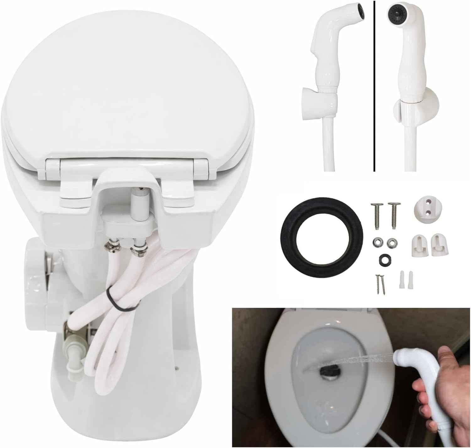 SEAFLO Porcelain RV Toilet with Sprayer Attachment - Elongated Bowl 19” Inch Residential Height, Gravity Flush, Foot Pedal Soft Close Seat Camper Motorhome Easy Install 4 -year Warranty SFRTCH-02-02