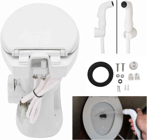 SEAFLO Porcelain RV Toilet with Sprayer Attachment - Elongated Bowl 19” Inch Residential Height, Gravity Flush, Foot Pedal Soft Close Seat Camper Motorhome Easy Install 4 -year Warranty SFRTCH-02-02