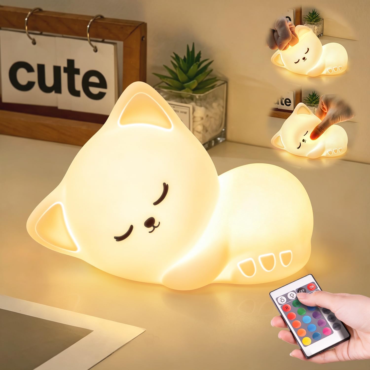 Mubarek Sleepy Cute Cat Gifts - 16-Color Silicone Night Light with Remote