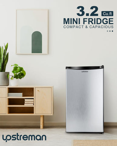 Upstreman 3.2 Cu.Ft Mini Fridge with Freezer, Single Door Mini Fridge, Adjustable Thermostat, Mini Refrigerator for Dorm, Office, Bedroom, Stainless Steel-SR321