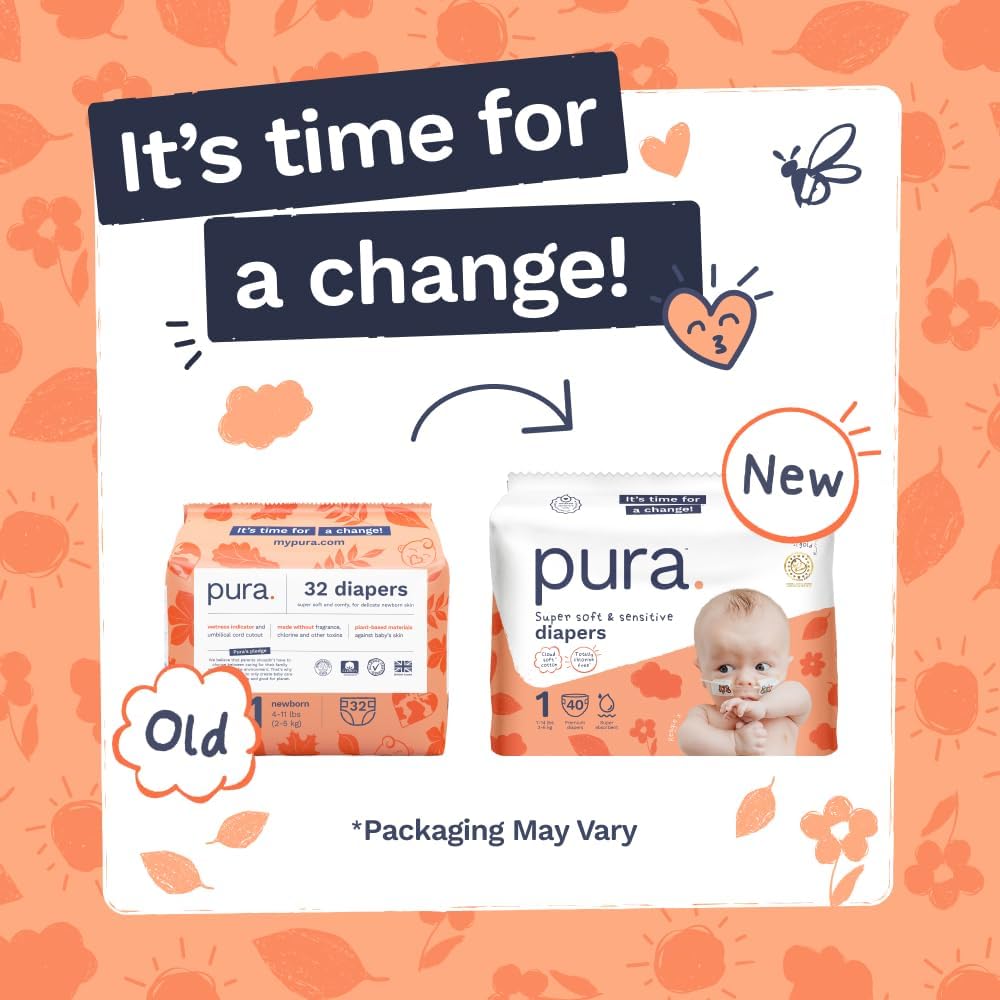 Pura Baby Diapers Size 1 (7-14 lbs) 80 Count Sensitive Skin