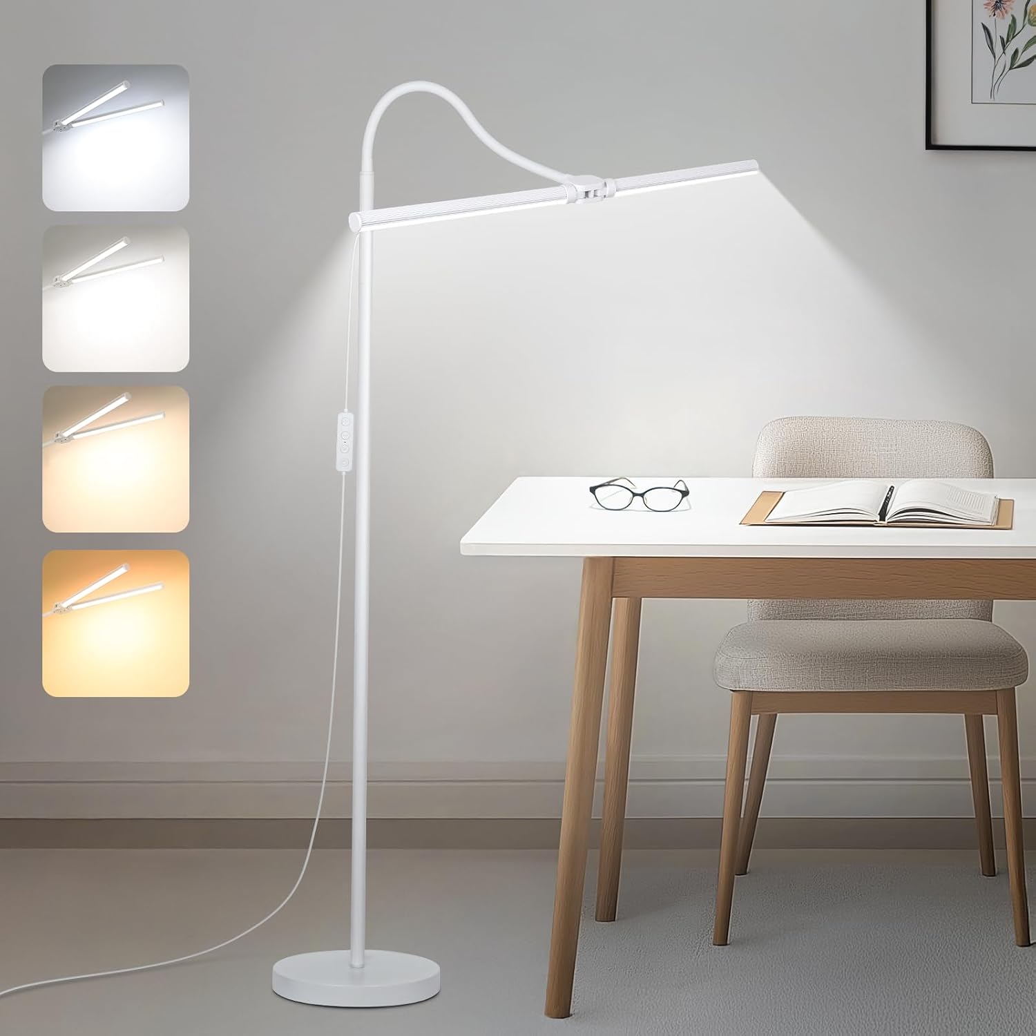 White Floor Lamp, 18W/2000LM Bright LED Floor Lamp for Living Room, Adjustable Gooseneck Dimmable Standing Office Task Lamp for Reading, Study, Eye Caring Lash Light for Sewing Tatoo Facial Spa