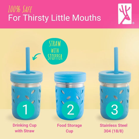 Elk and Friends Kids 10oz Stainless Steel Mason Jars + Sleeves + Lids | 4pk