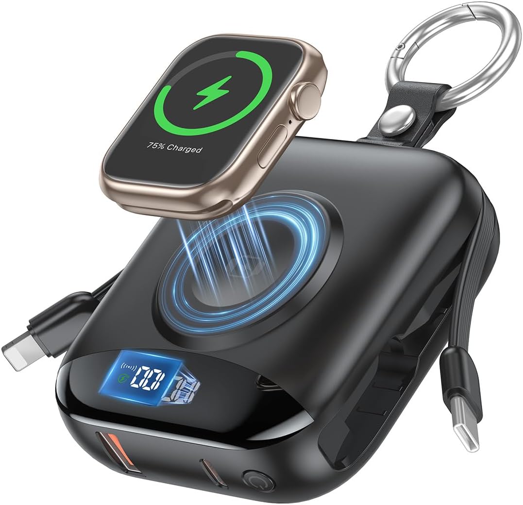 citicr Portable Charger 10000mAh w/Built-in Cables & iWatch Charger Black