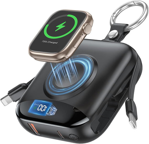 citicr Portable Charger 10000mAh w/Built-in Cables & iWatch Charger Black