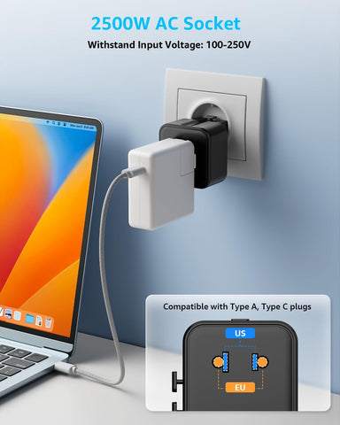 “Air” Universal Travel Adapter 2500W Max AC, Cover 200+ Countries