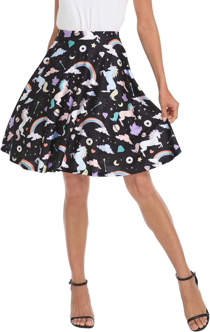 HDE Skirts for Women - Midi Skirt Skater Skirt Knee Length High Waist Fun Prints