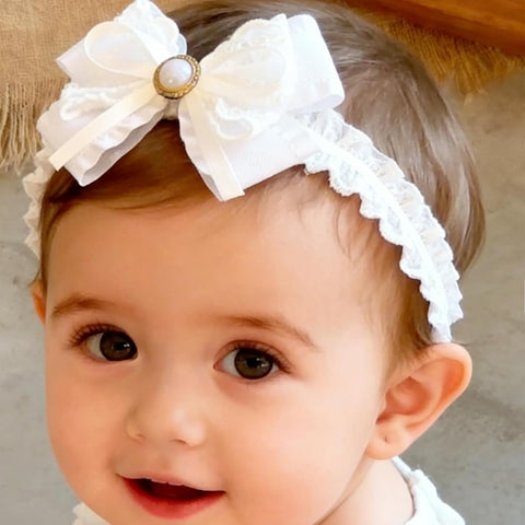 Baby Girls Headband White Bow Lace Headbands Soft Elastic Bowknot Hairbands Cute Hair Accessory for Newborn Kids Infant Toddler Baptism Birthday Party (Bow E)