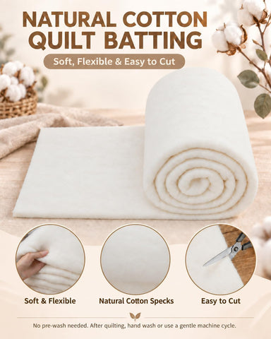 PLANTIONAL 71" x 79" Natural Cotton Batting for Quilting, 200g/m²