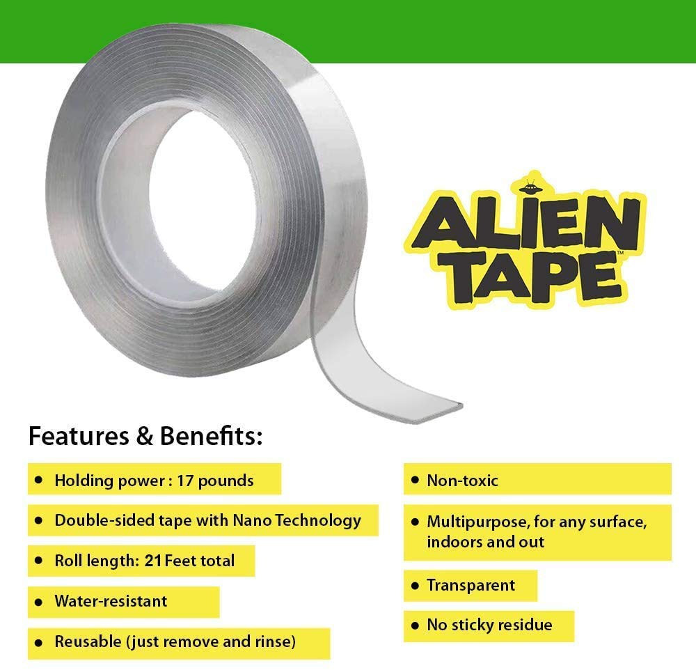 ALIEN TAPE Nano Double Sided Tape, 21-ft Multipurpose Removable Adhesive Transparent, Grip Mounting Washable Strong Sticky Heavy Duty for Carpet Photo Frame Poster Décor - As Seen On TV