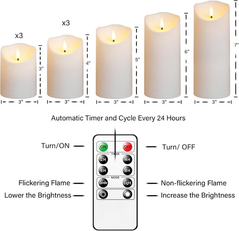 Nimiko Flameless Candles with Remote, Battery Operated Flickering Flameless Candles, LED Candles with Timer 2/4/6/8H, with Realistic LED Candles Set of 9 (D3 x H 3" 4" 5" 6" 7") (White)
