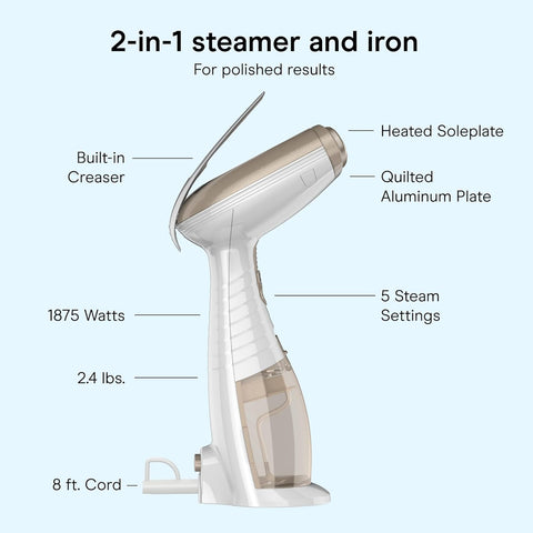 Conair Steamer for Clothes & Upholstery, Handheld, 3 Attachments, White