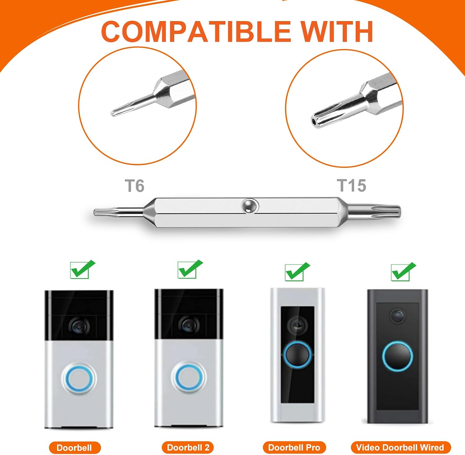 Video Doorbell Screwdriver, Double-Ended T6 T15 Screw Driver Tool for Camera Video Doorbell Replacement, Battery Change, Wifi Password Reset