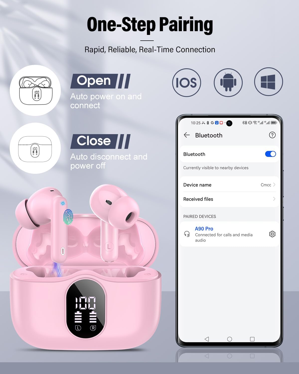 Wireless Earbuds, Bluetooth 5.4 Headphones Bass Stereo/Clear Calls, Pink
