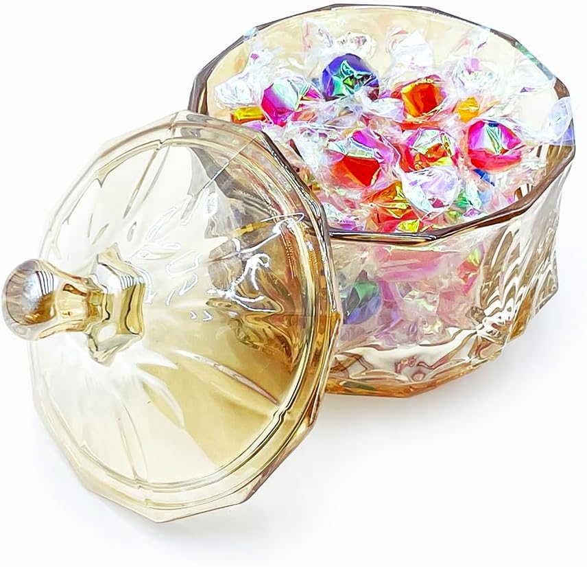8oz Glass Candy Jar with Lid,Small Crystal Fall Candy Dish,Apothecary Jar for Cotton Balls Q Tips Small Accessories Office Bathroom Dining Room Organizer (Amber)