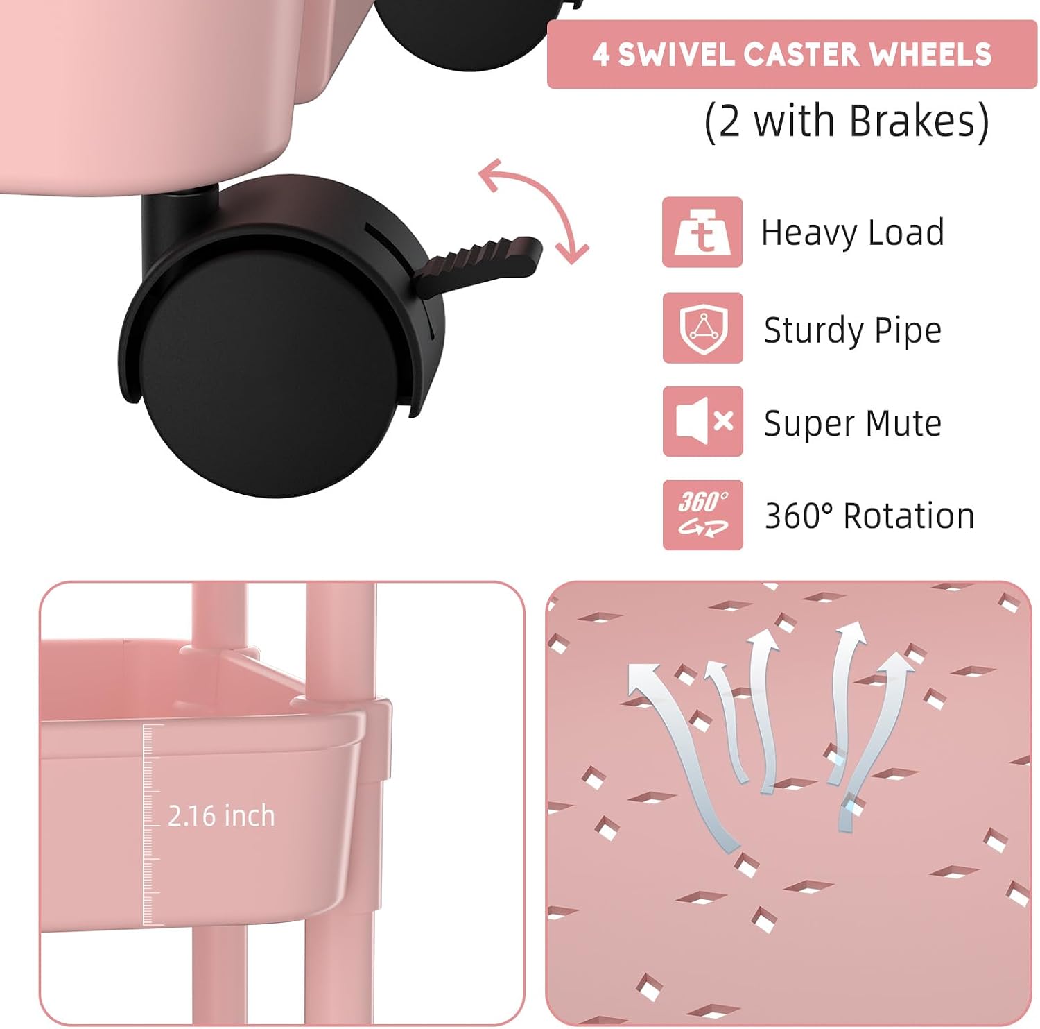 Volnamal Diaper Caddy, 3 Tier Rolling Cart for Baby Essentials, Pink