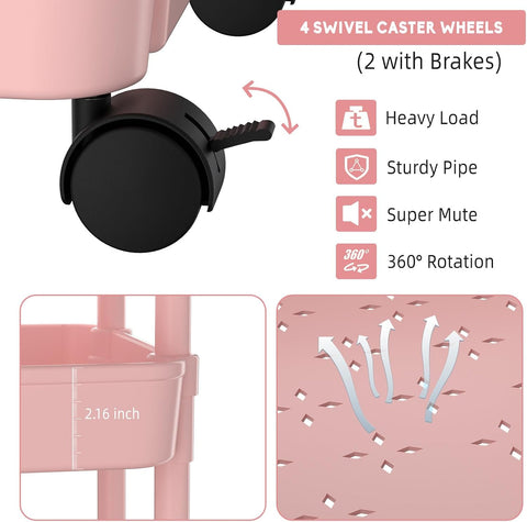 Volnamal Diaper Caddy, 3 Tier Rolling Cart for Baby Essentials, Pink
