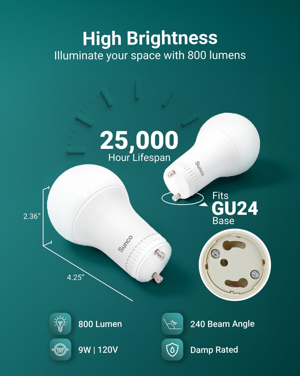 Sunco 10 Pack GU24 LED Light Bulbs, 2 Prong, 9W=60W, 6000K, Dimmable