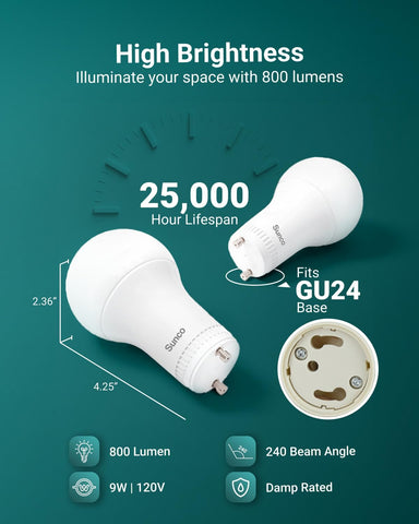 Sunco 10 Pack GU24 LED Light Bulbs, 2 Prong, 9W=60W, 6000K, Dimmable