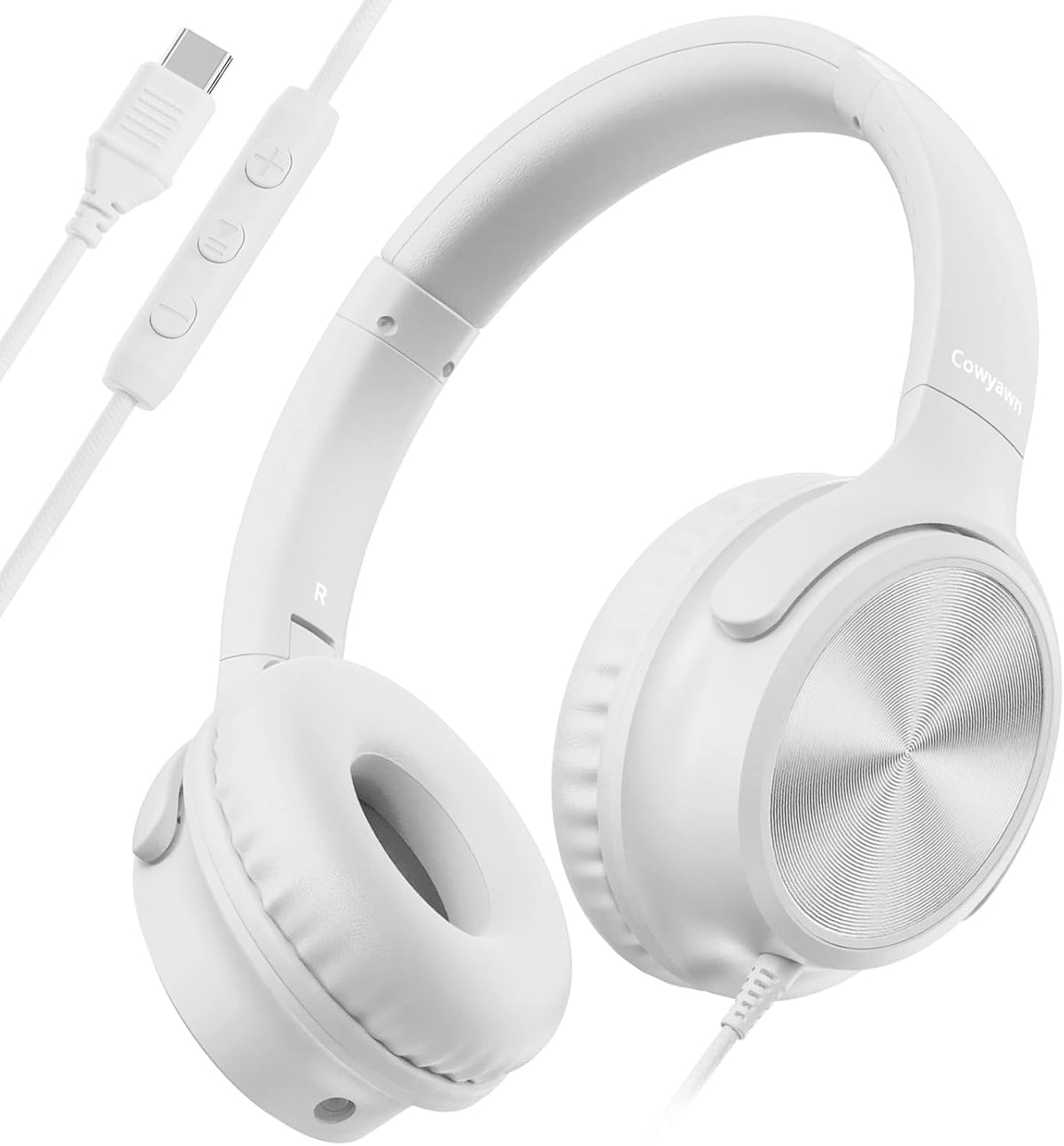 Cowyawn USB C Headphones Wired, Over Ear USB C Wired Headphones with Microphone, Volume Control, HD Stereo Sound, Foldable USB Type C Headphone for Adult/Teens/Laptop/Computer/iPhone 15/16/17, White