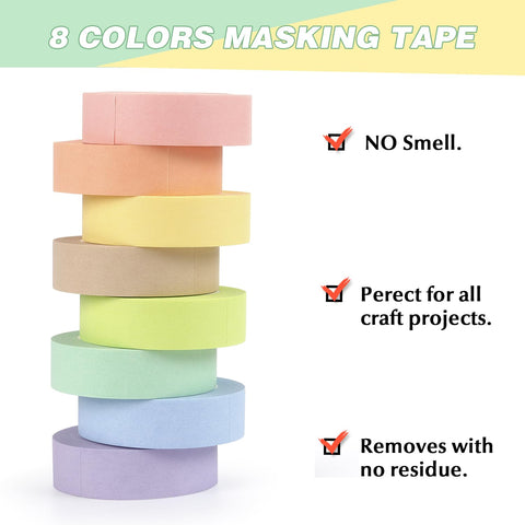 Hutou 8 Rolls Washi Tape Colored Masking Tape 1/2 Inch, Pastel Colors