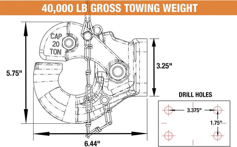 Buyers Products 10042 20 Ton Pintle Hook w/Mounting Kit, 40,000 lb MGTW, 8,000 lbs MVL, Pintle Hitch for Heavy Equipment Towing, Spring‑Loaded Lock, Fits 2–3 in Lunette Ring, Black Powder Coat