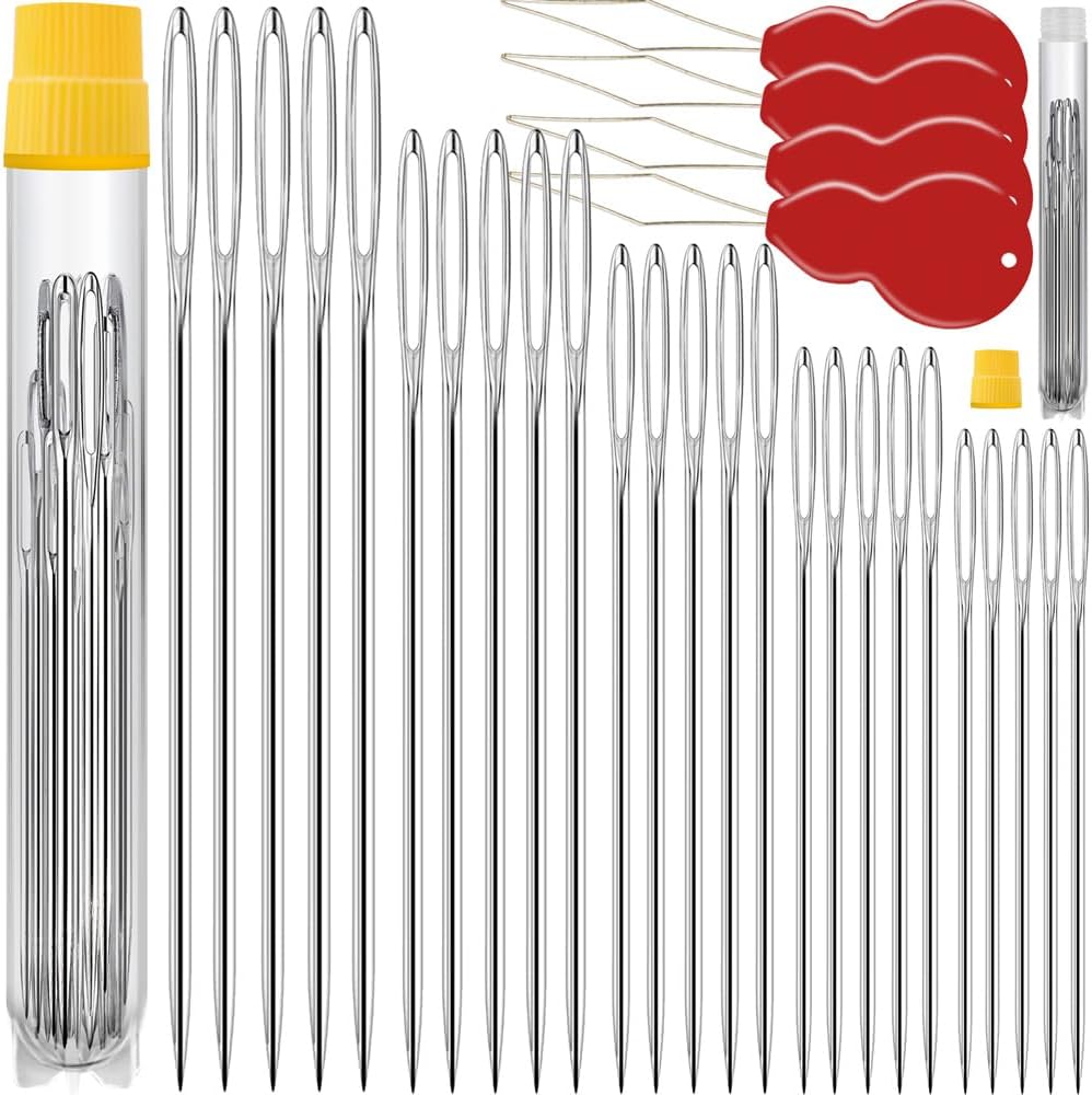75 Pack Premium Large Eye Needles for Hand Sewing with 4 Needle Threaders, Assorted Sizes, Embroidery Needles for Hand Sewing, Sewing Needles Large Eye, Big Eye Needle