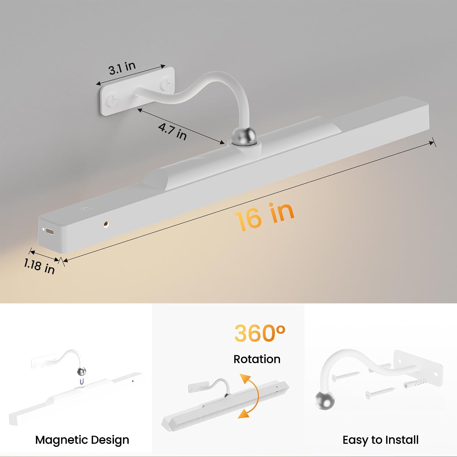 Cordless White Picture Lights for Wall Artworks - Wireless Remote, 3 Modes Dimmable 350LM Above Frame Lighting, 5000mAh Rechargeable Battery Wall Mount for Photo, Gallery,Paintings,Dartboard(2-Pack)