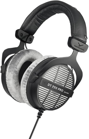 beyerdynamic DT 990 PRO, 250 Ohm, Open Back, Over Ear, Wired Headphones, 3m Coiled Cable, Black with Grey Velour Ear Pads