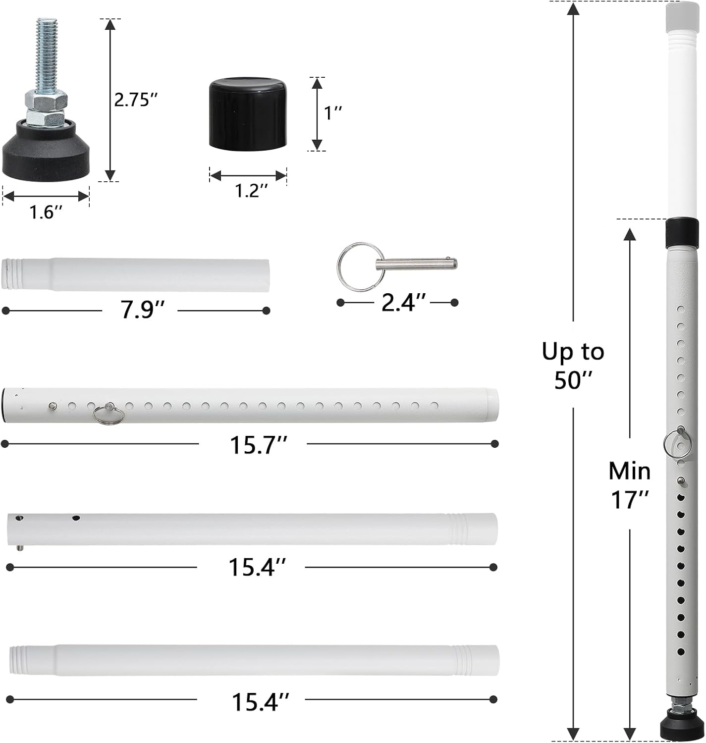 BeBecome Sliding Door Security Bar，17-50 inch Adjustable Patio Door Security bar with Rubber Tips Apartment Bedroom Bottom of Door Heavy Duty Interior White