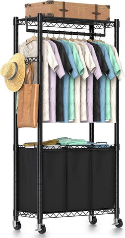 Hodonas Rolling Laundry Basket with Wheels and Hanging Bar, Black