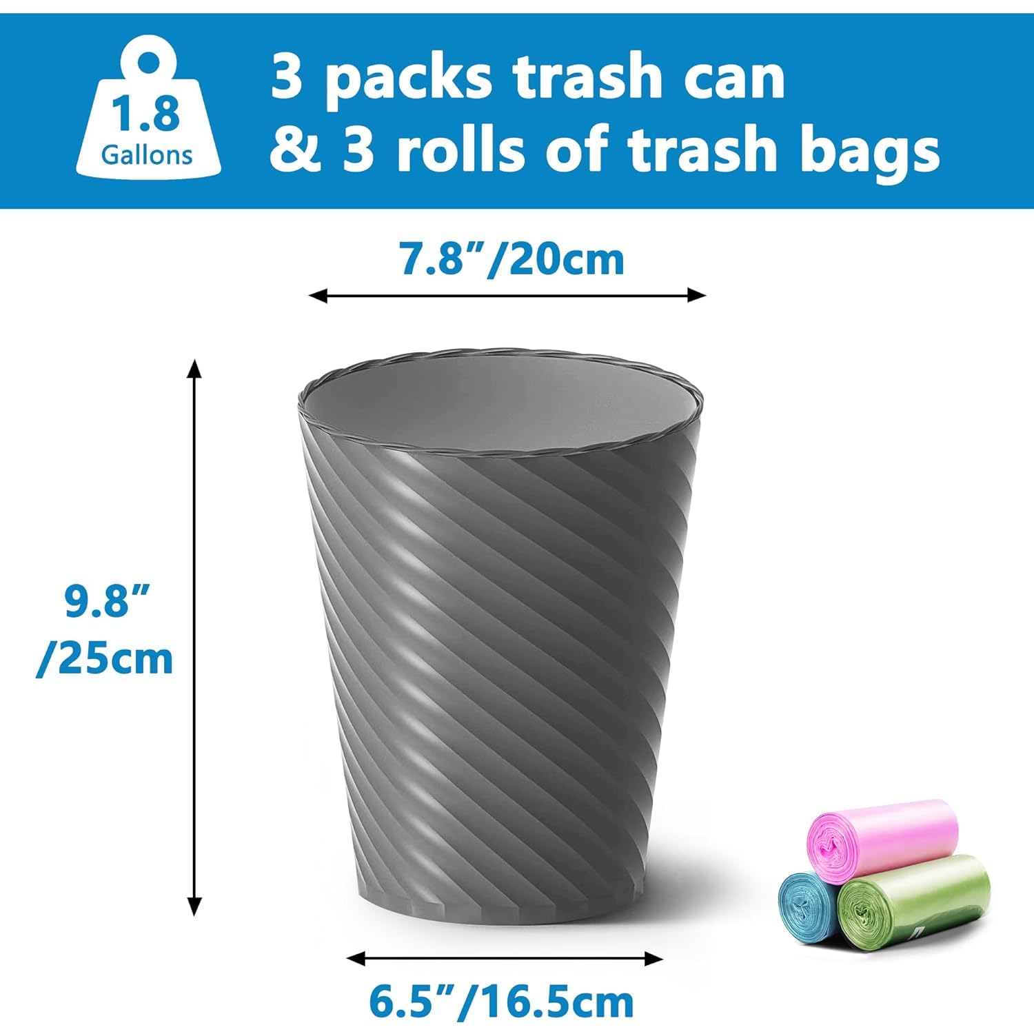 Lysam Bathroom Trash Can 3 Pack, 1.8 Gallon Small Trash Can with Trash Bags