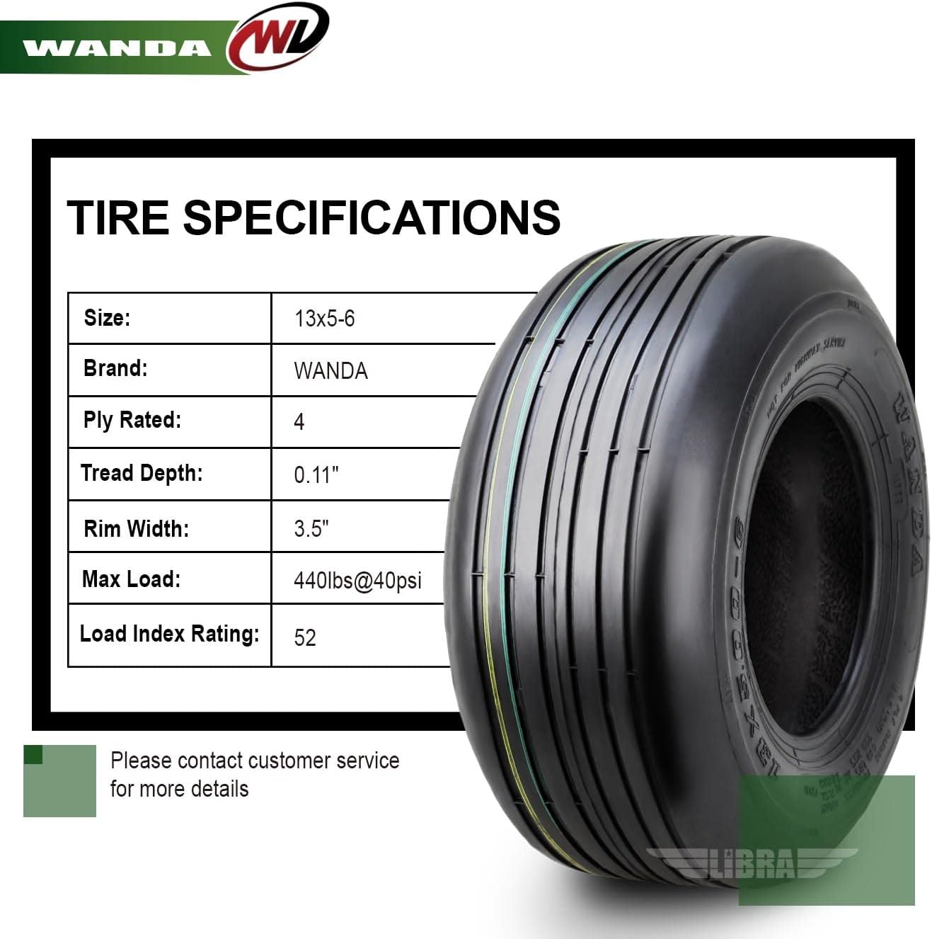 WANDA Set 2 13x5.00-6 Rib Lawn Mower Cart Turf Tires 13x5x6 /4 ply - 13080