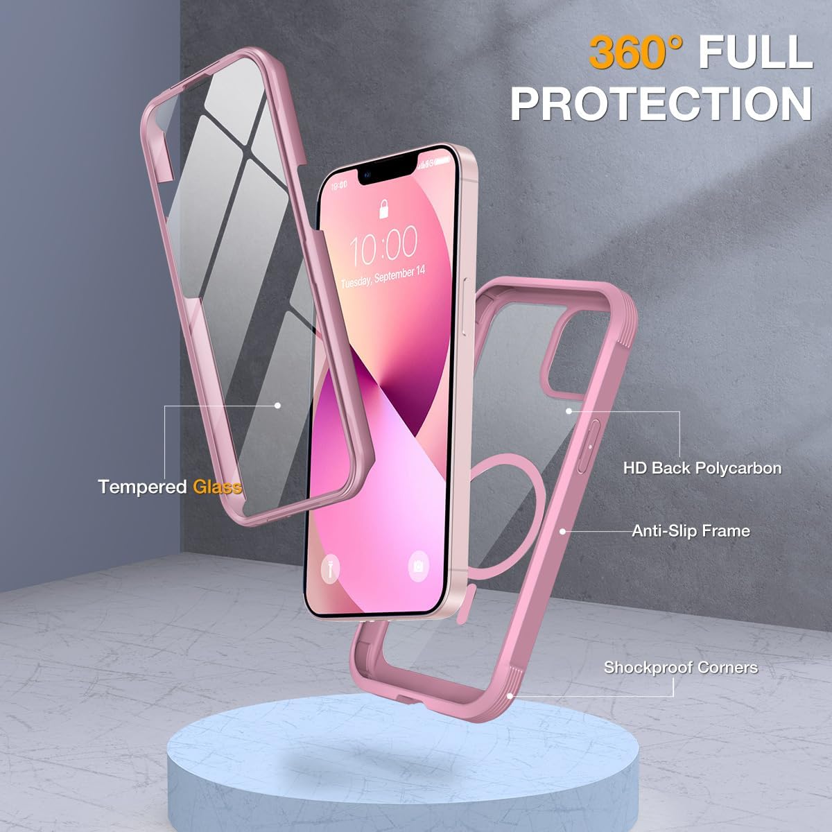 miracase for iPhone 13 Case 6.1",Built-in Glass Screen Protector,Pink