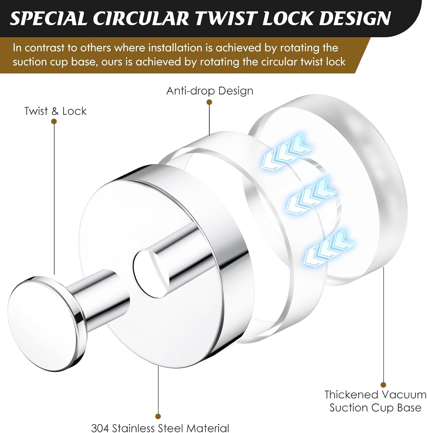 MOTAIPEAK Suction Cup Hooks for Shower, No-Drill, Chrome Polished 4-Pack