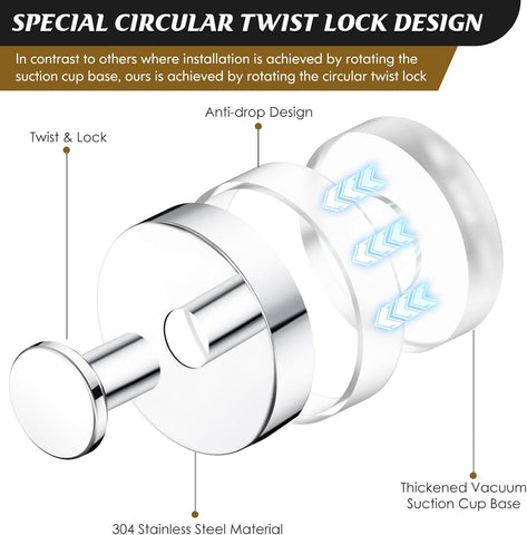 MOTAIPEAK Suction Cup Hooks for Shower, No-Drill, Chrome Polished 4-Pack