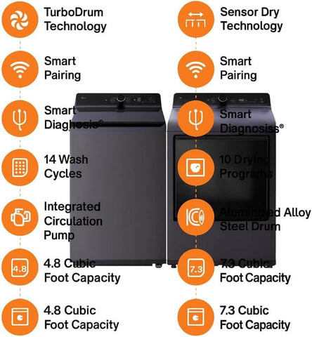 LG Matte Black Mega Capacity Top Load Washer and Dryer Pair with TurboWash Technology SmartThinQ WiFi Connectivity Steam Dry Sensor Dry Dryer Vent Power Cable and 12 Month CPS Protection Plan (Black)