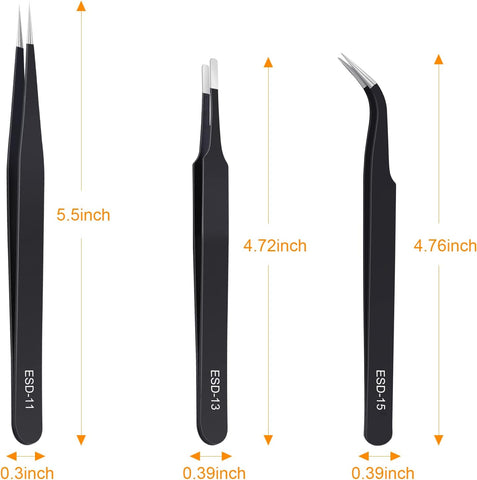 kaverme 3PCS Precision Tweezers Set, Upgraded Anti-Static Stainless Steel