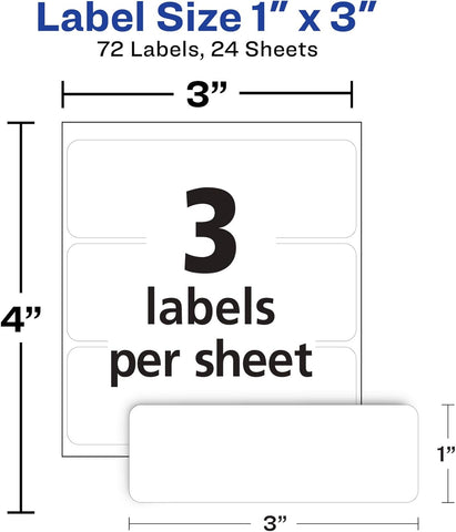 Avery® Multi-Use Removable Labels, 1" x 3", White, Non-Printable, 72 Blank Labels Total (6728)