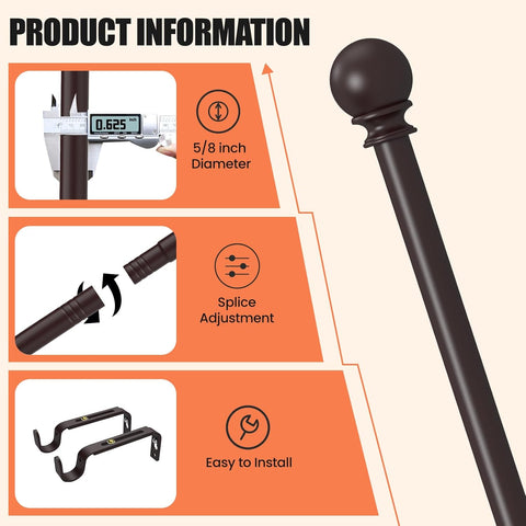 Curtain Rods for Windows 30 to 60 Inch, 5/8 Inch Heavy Duty Decorative Curtain Rod with Ball End Caps, Adjustable Brackets. Easy to install. Brown.
