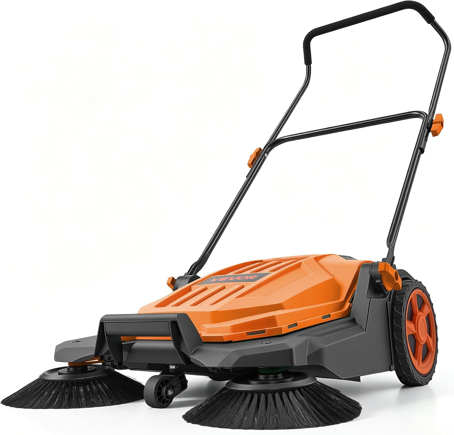 VEVOR Walk-Behind Hand Push Floor Sweeper, Manual Floor Sweeper Non-Electric with 25.6" Sweeping Width, 5 Gallons Waste Container & Adjustable Folding Handle for Yards Walkways Patios Garages - Orange