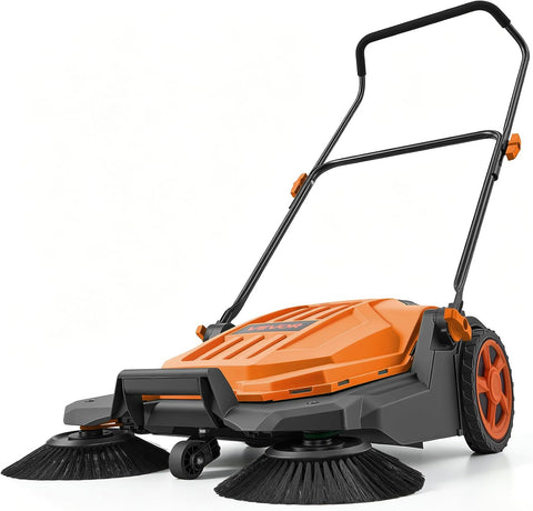 VEVOR Walk-Behind Hand Push Floor Sweeper, Manual Floor Sweeper Non-Electric with 25.6" Sweeping Width, 5 Gallons Waste Container & Adjustable Folding Handle for Yards Walkways Patios Garages - Orange